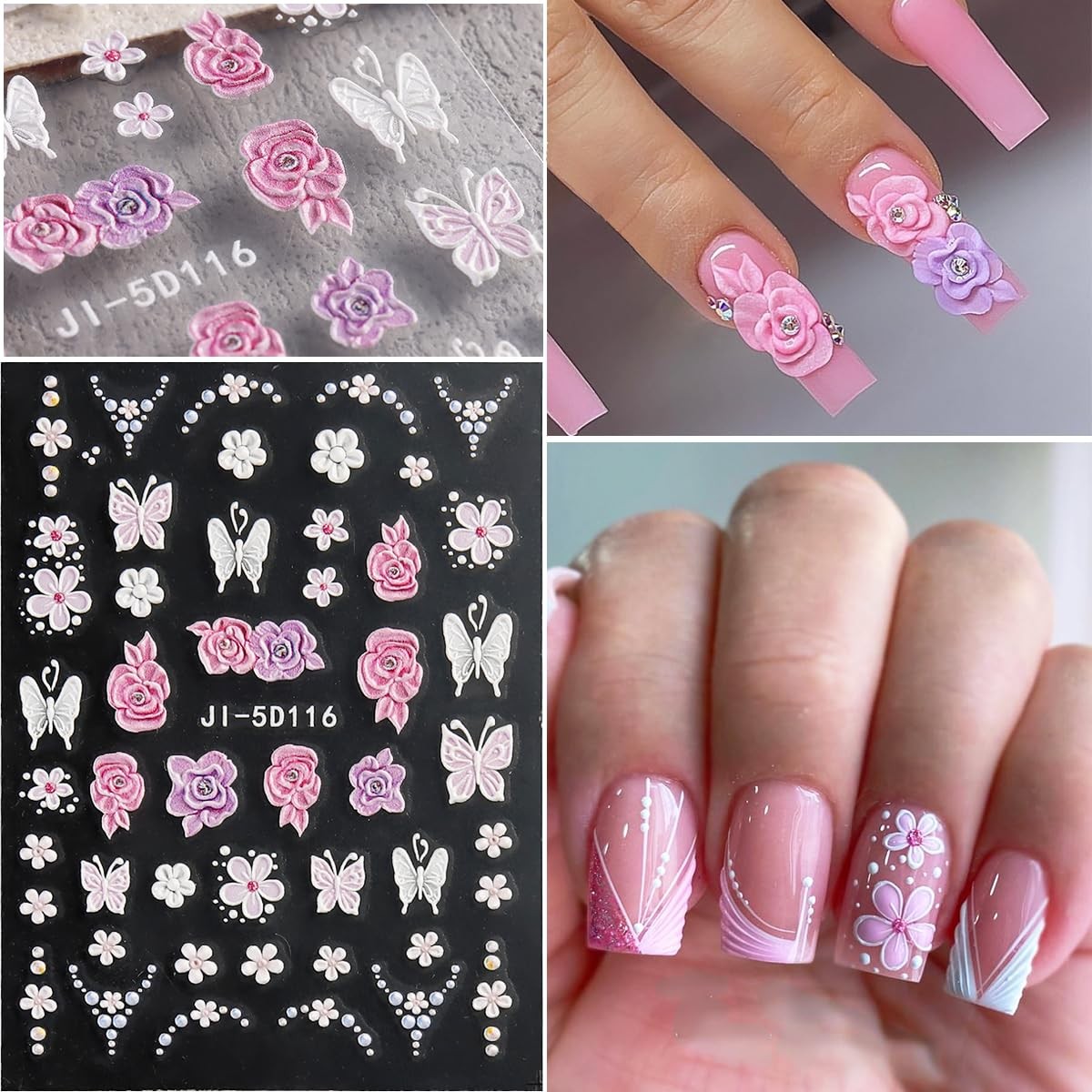 Pegatinas de flores para uñas, 4 hojas 5D con relieve floral flores acrílicas 3D