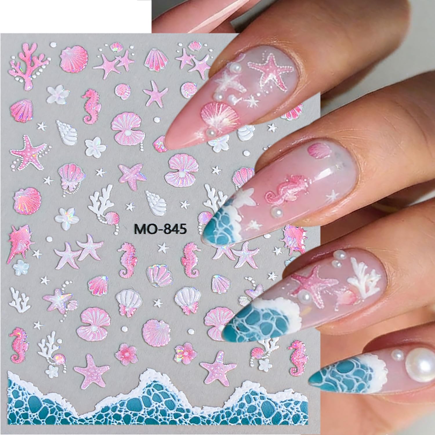 Holographic Ocean Nail Art Stickers – 6 Sheets Self-Adhesive Sea Star Shell C…
