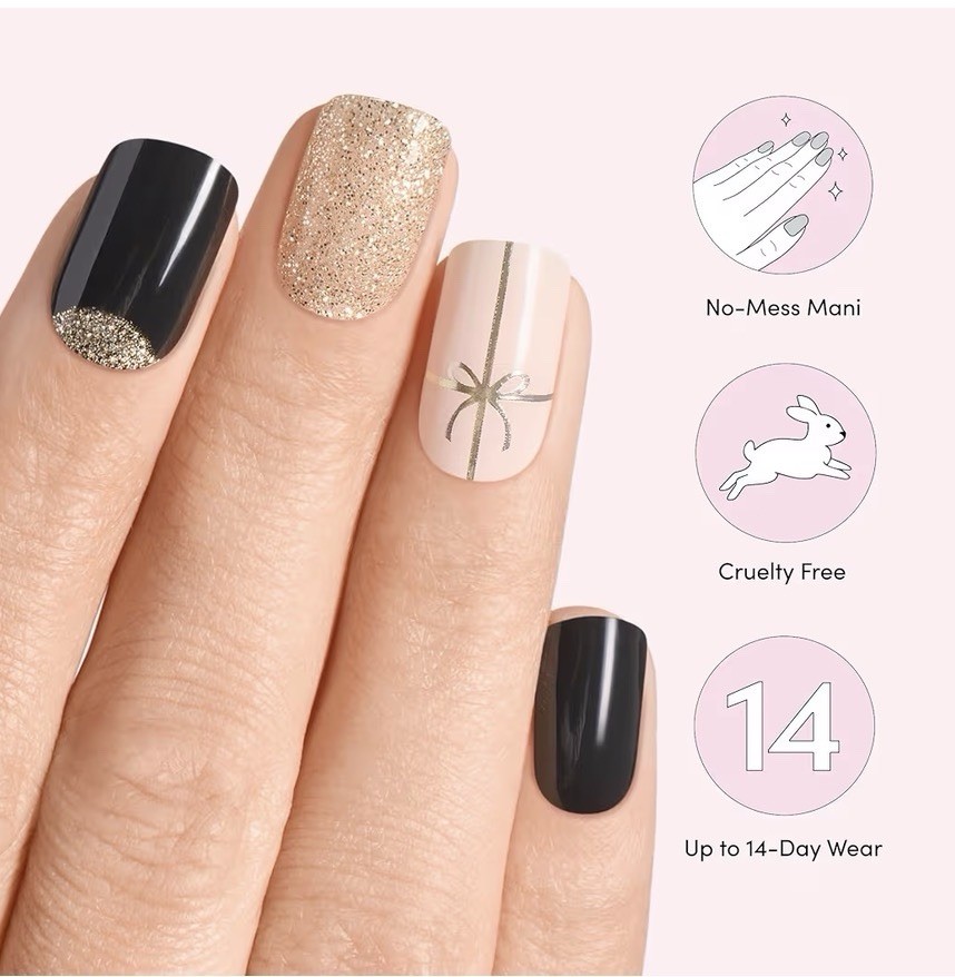 Dashing Diva Glaze LED Semi-Cured Gel Nail Strips Old Gold Holiday 14 Days Black