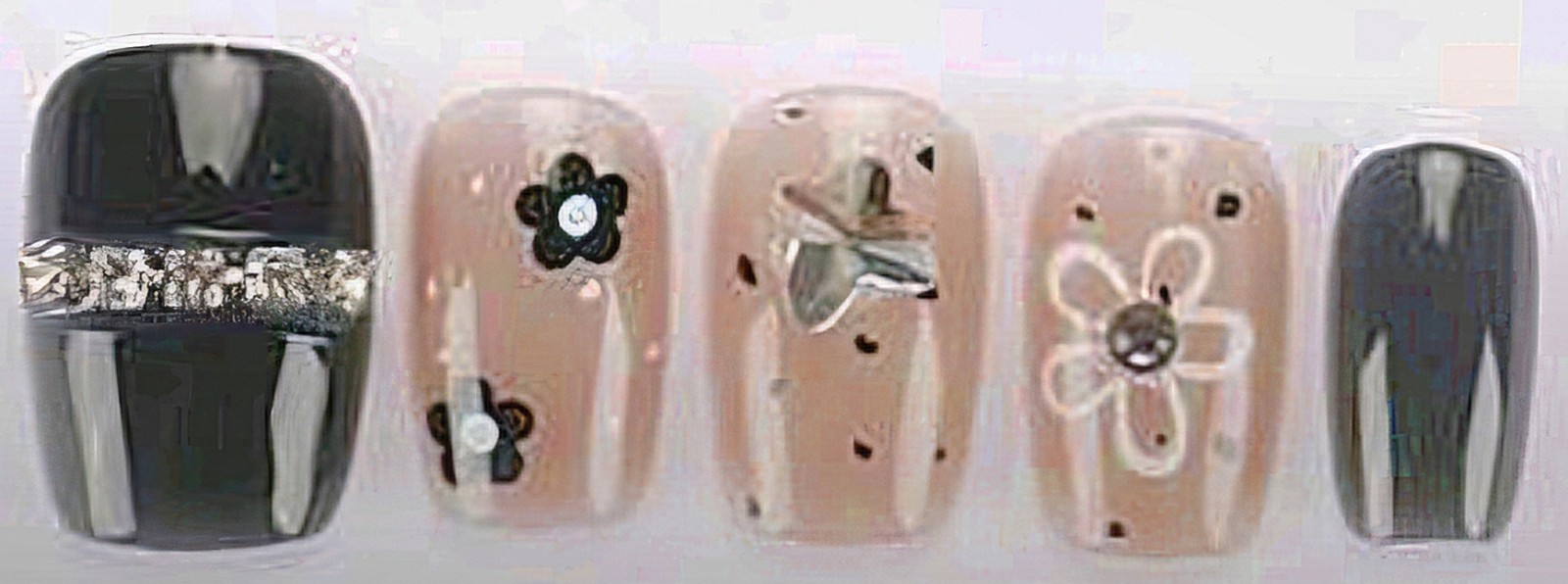 Press-On Nails Clear Black Champagne Neutral 3D Rhinestones Medium *30 pcs*