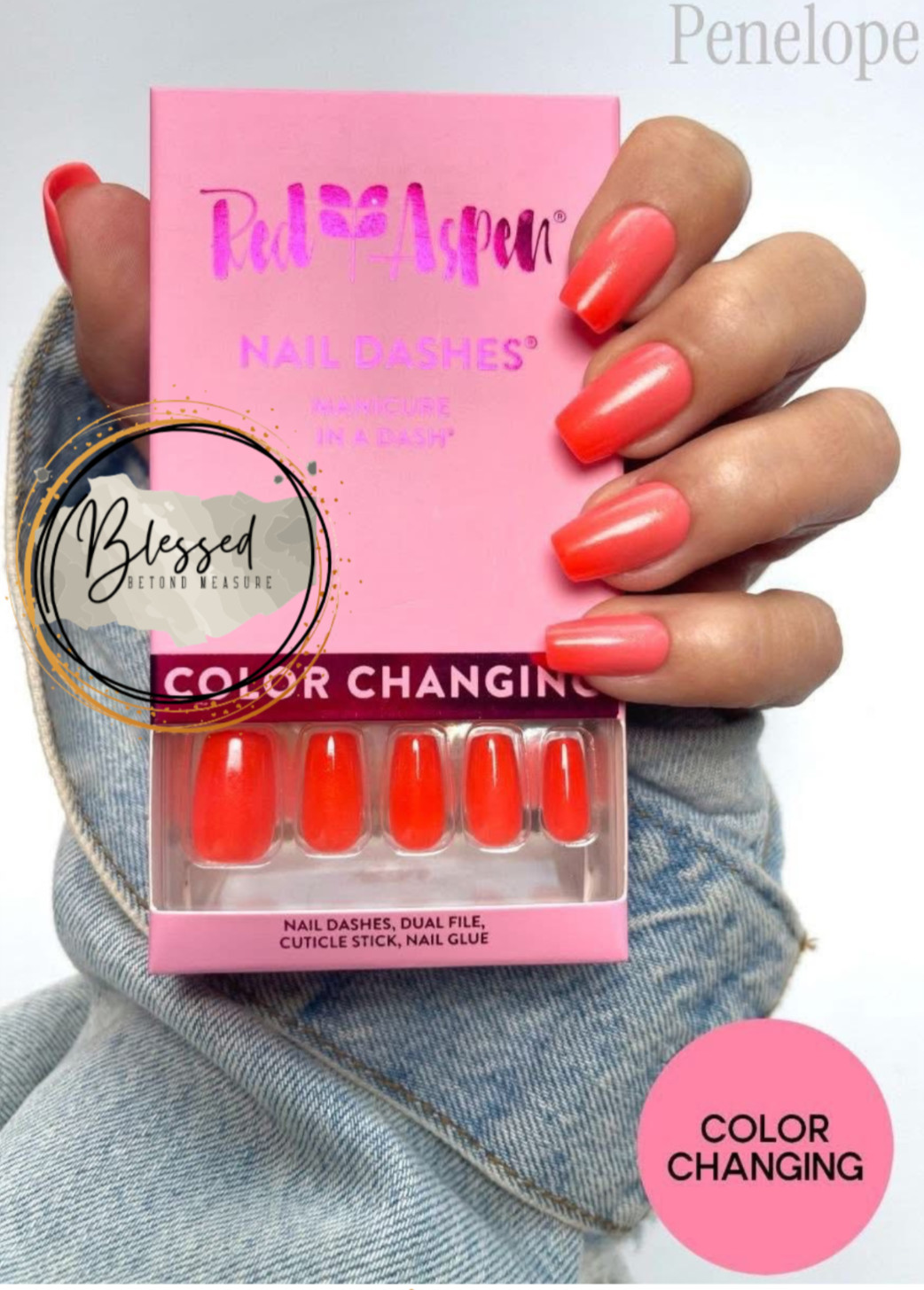 Red Aspen Press On Nails~I Pink I Love You, Penelope~Color Changing ~Coffin