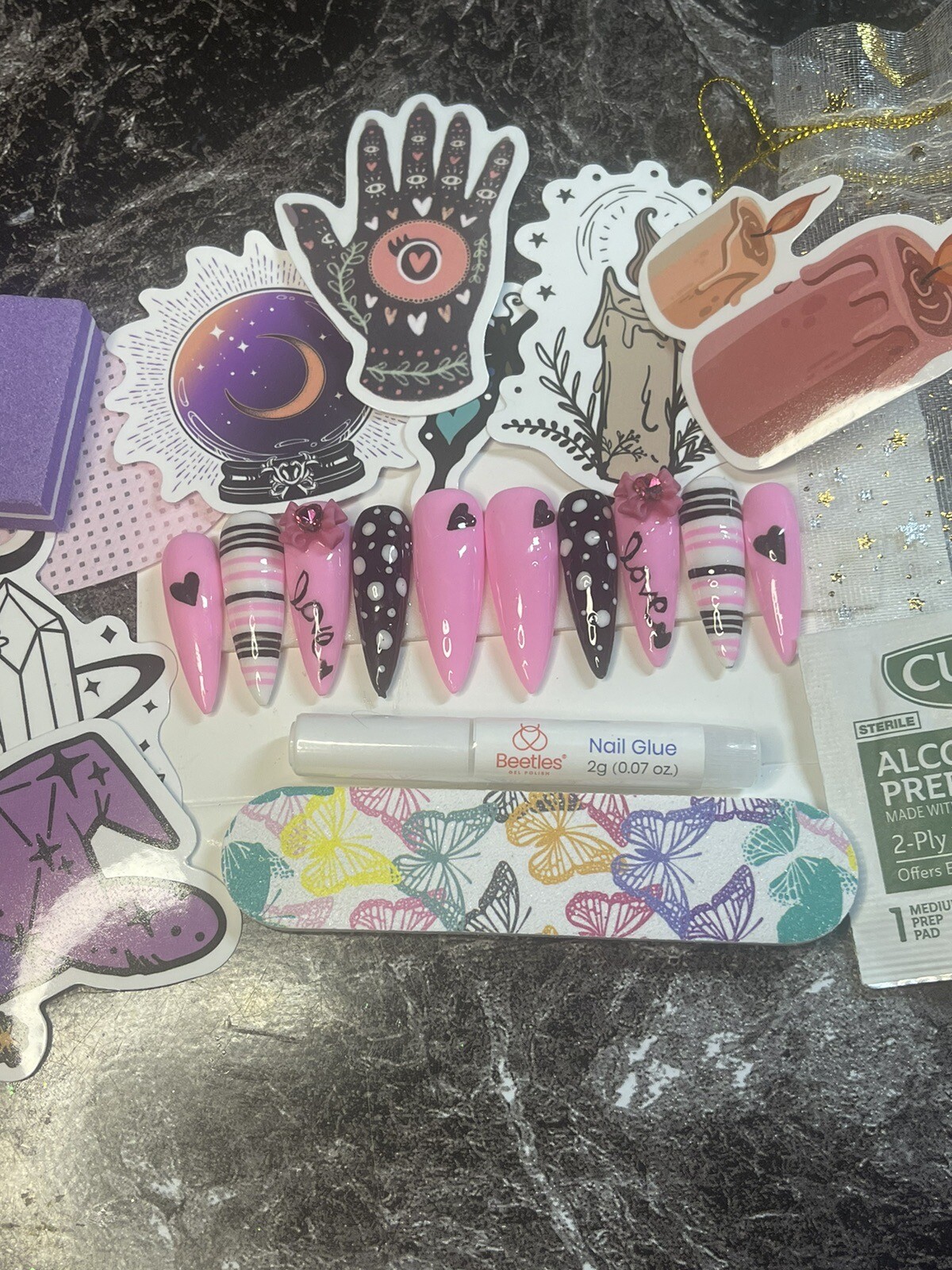 Pink And BlackValentine’s Handpainted Presson Nails. Prep Kit Included