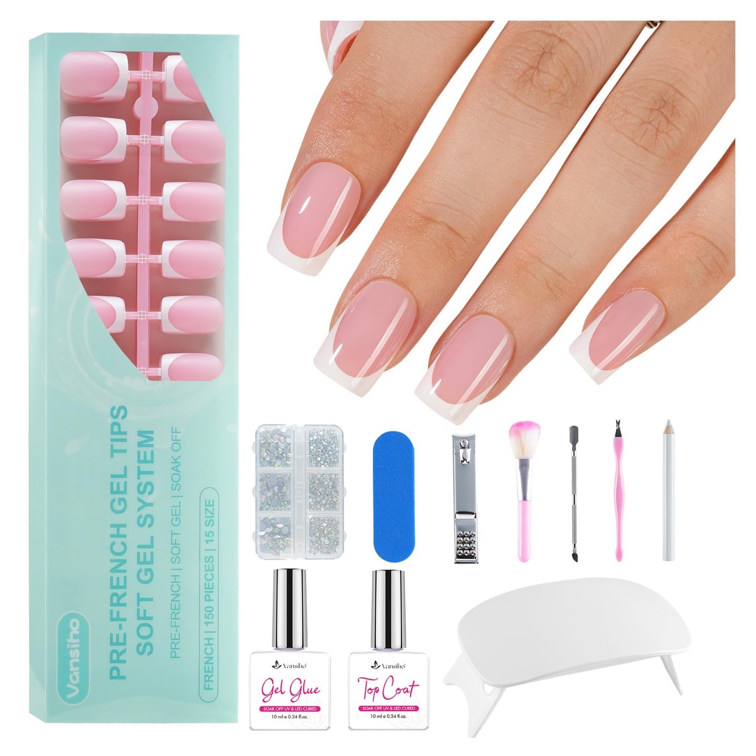 150pcs French Tip Press-On Nails Kit | Short Square Gel Fake Nails, 15 Sizes, DI