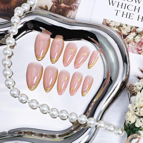 24Pcs Gold French Tip Press on Nails Almond Short Fake French Tip Nails-20