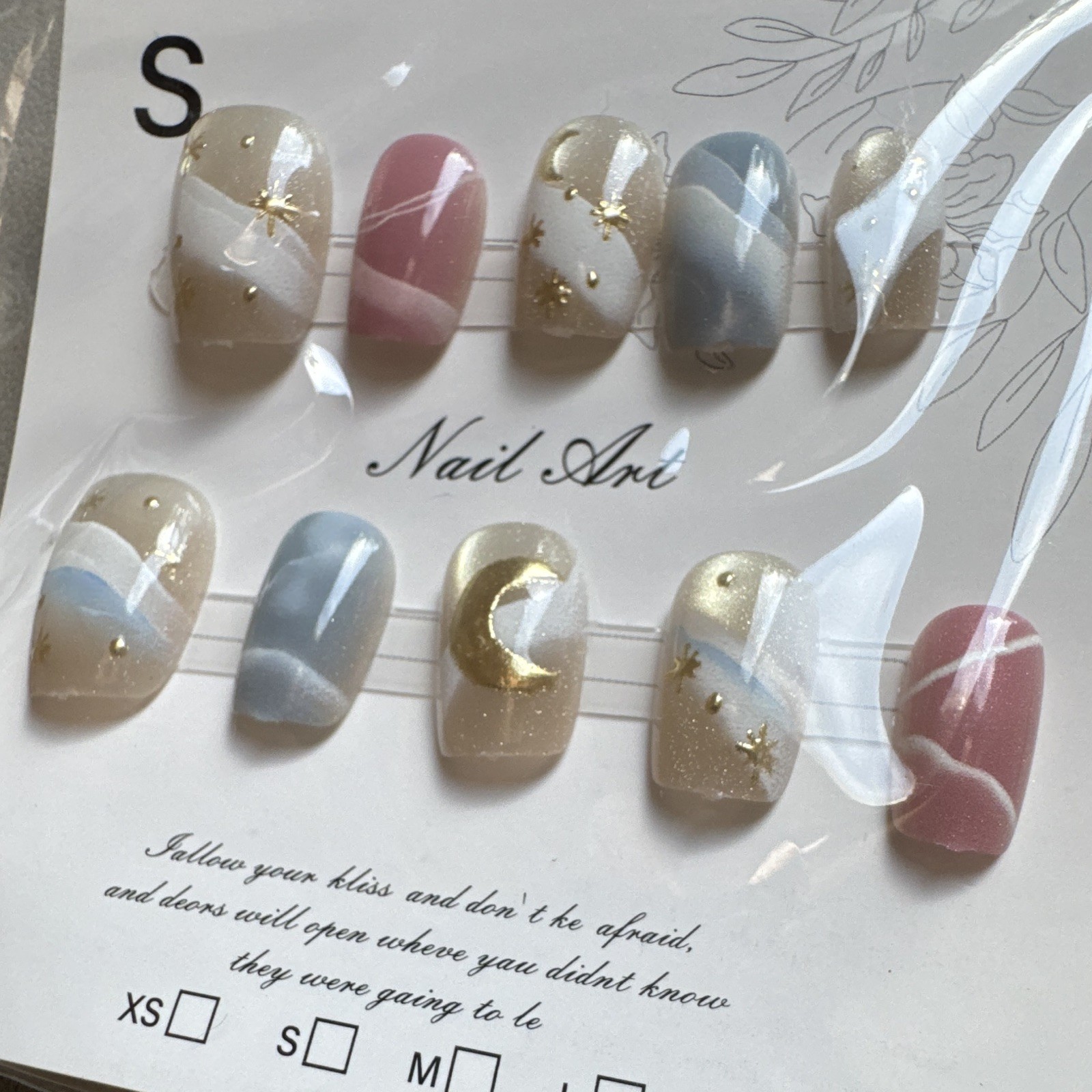 Press-On Nails Short Square Multicolor Glitter Moon/Star Full Cover Pre-Designed