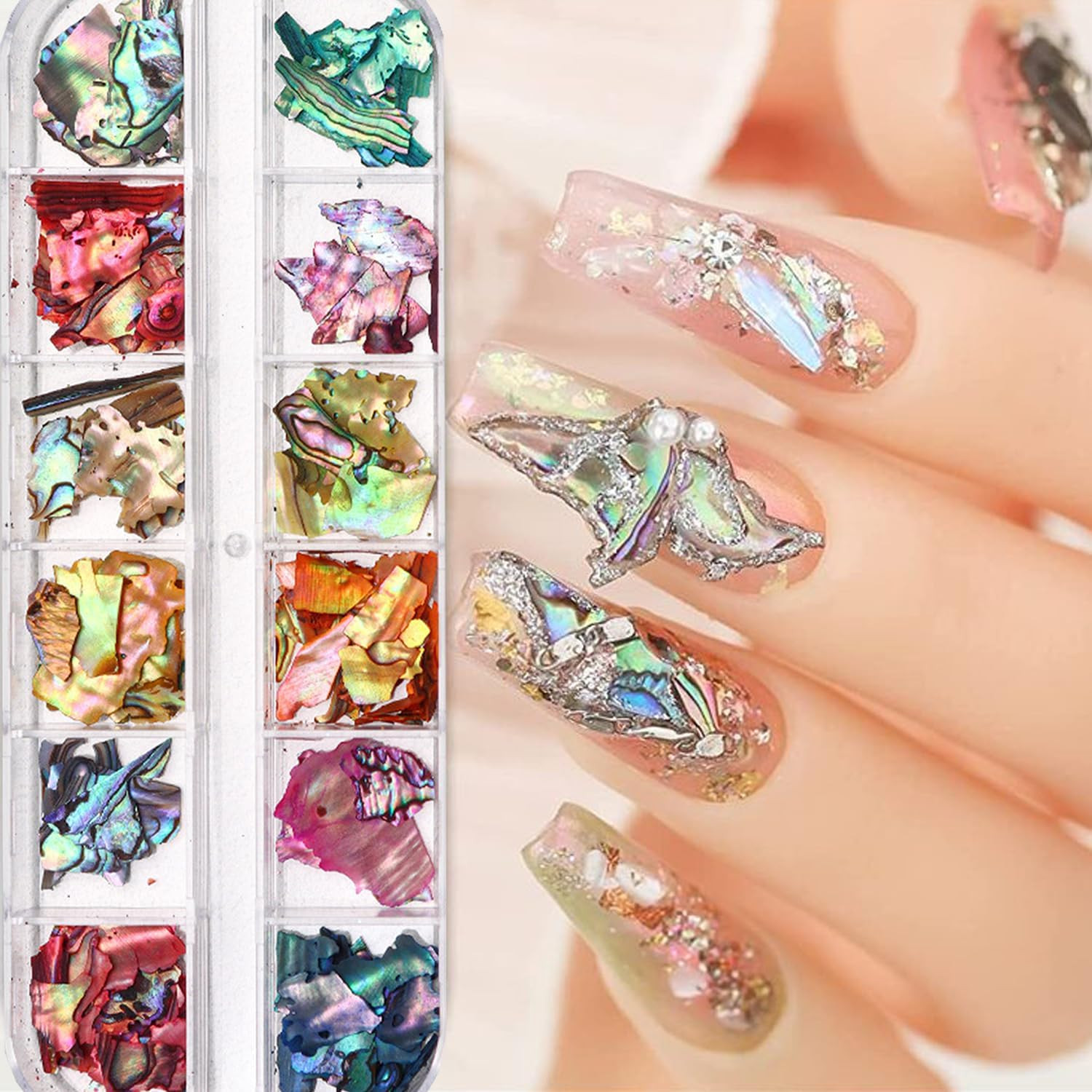 12Grids Nail Art Aurora Abalone Shell Flakes, Shiny Irregular Sea Shell 3D Charm