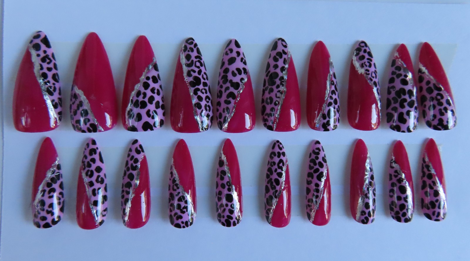 (2) Set Pink Black Silver Leopard | Multi Color Ink Marble Almond Press-On Nails
