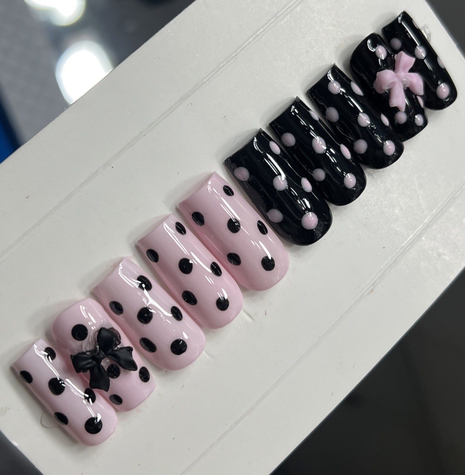 🌸 CUSTOM Press On Nails PINK BLACK POLKA DOTS BOW 10p SET W Kit