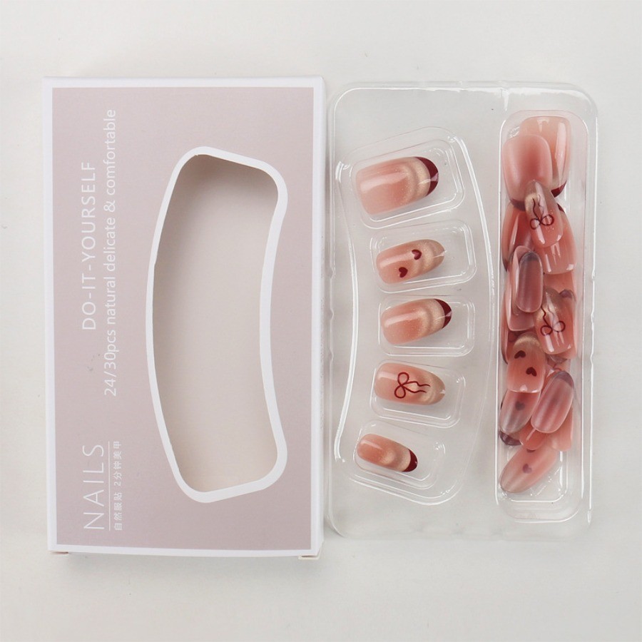 60pcs-Press on Nails Nude Red Cat Eye French Tip Bow Heart Short Square Set