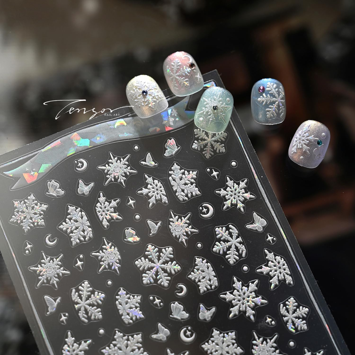 Winter Snowflake Nail Art Stickers, Blue White, 2 Sheets | 5D Embossed, Self-Adh