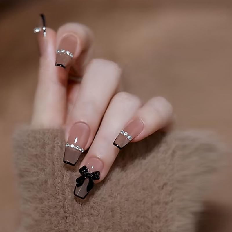 Black French Tip Press on Nails Medium Coffin Fake Nails with Bow, Style-25