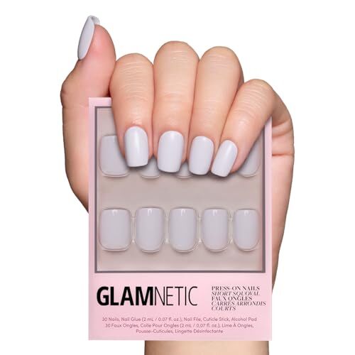 Press On Nails – | Opaque Pale Light Short Squoval False Nails, Lilac Gray