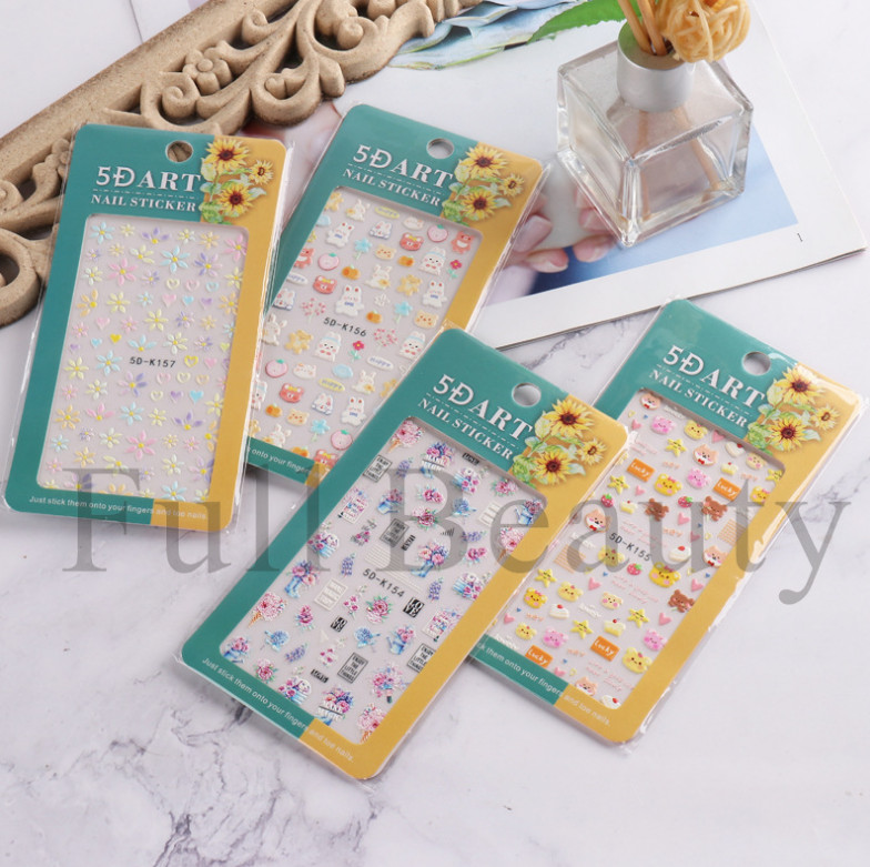 5D Embossed Star Heart Flower Bunny Cat Daisy Fingers Toe Nail Art Stickers NS25