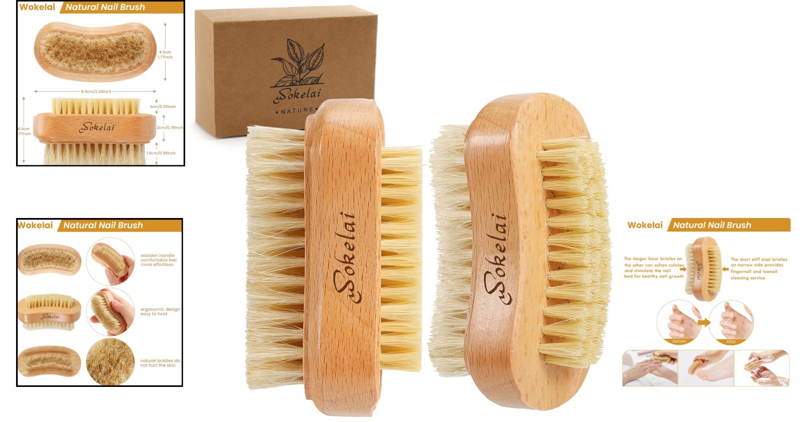 2-Pack Natural Wood Nail Brushes with Sisal Bristles – Gentle & Effective Care