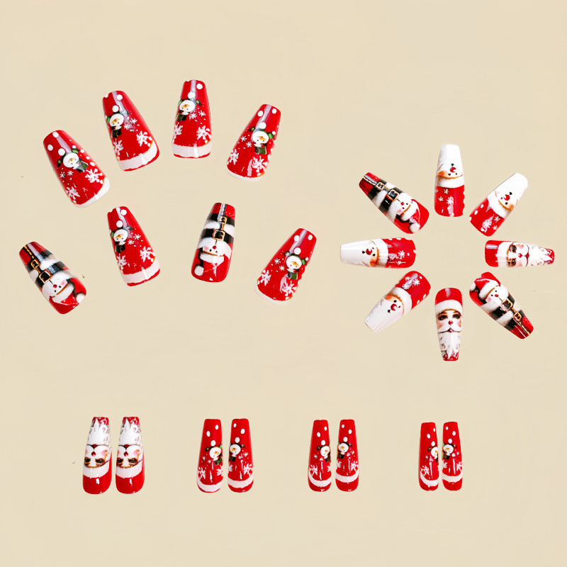48P Long Coffin Press on Nails, Vintage Red 3D Santa Snowman Fake Nails