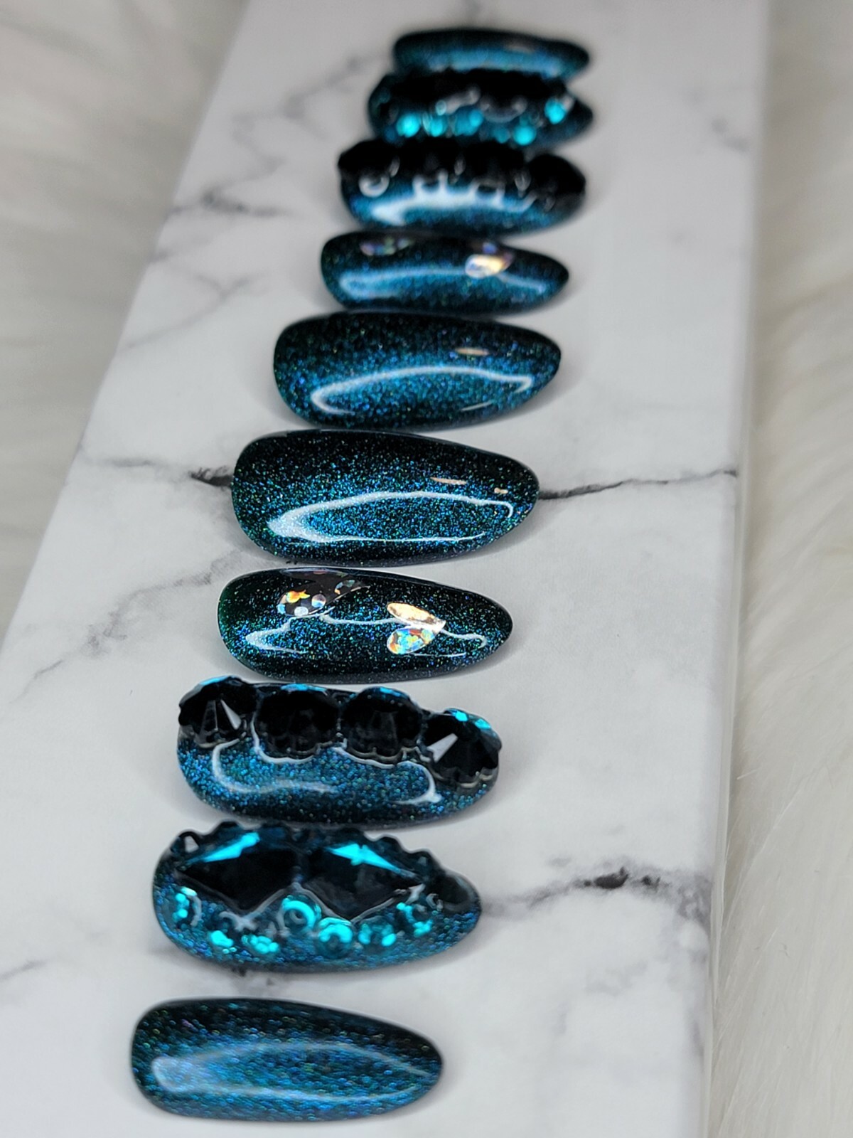 Dark green teal nails bling medium natural oval press on nails apres tips hearts