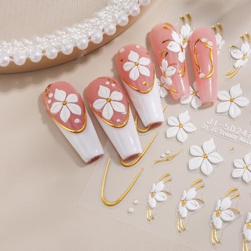 5D Embossed Flowers Nail Art Stickers, 5PCS Self-Adhesive White Colorful-06