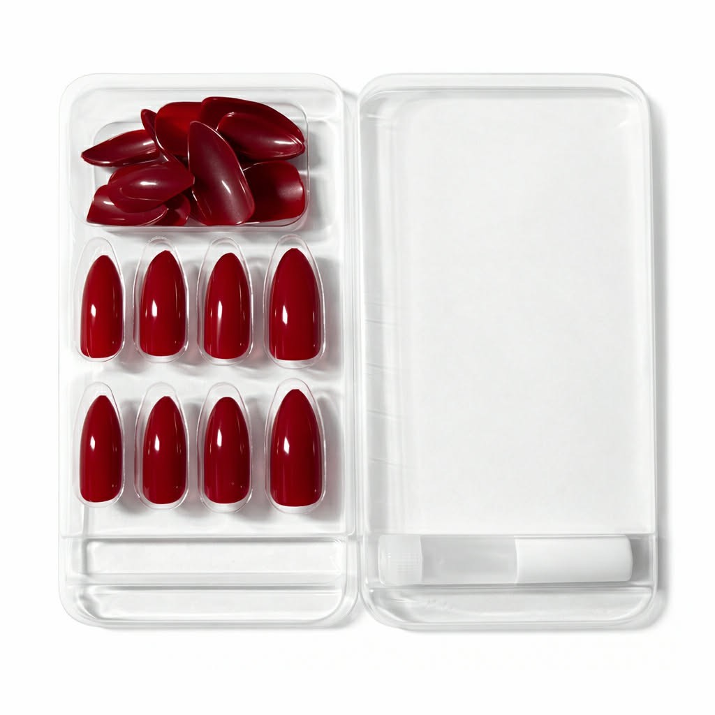 Press On Nails Burgundy Red Almond Shape Set with Nail Glue & Adhesive Tabs