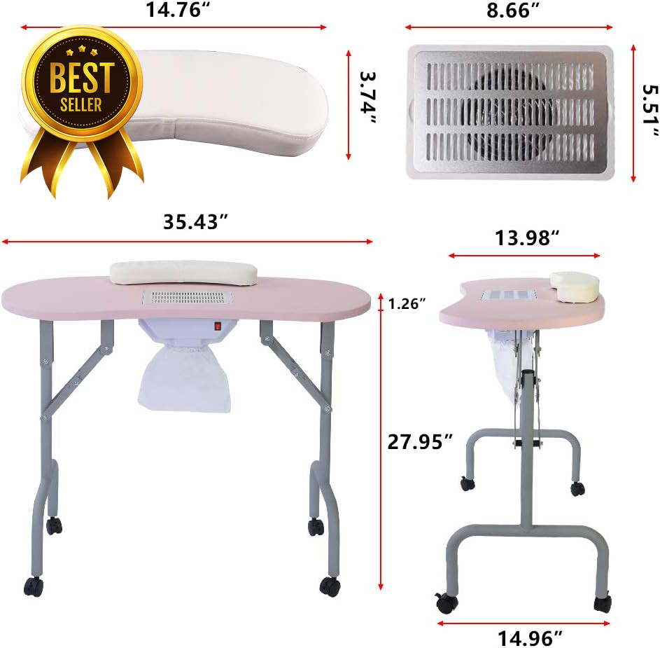 36in Foldable Manicure Table with Dust Collector Wheels Wrist Pad Pink