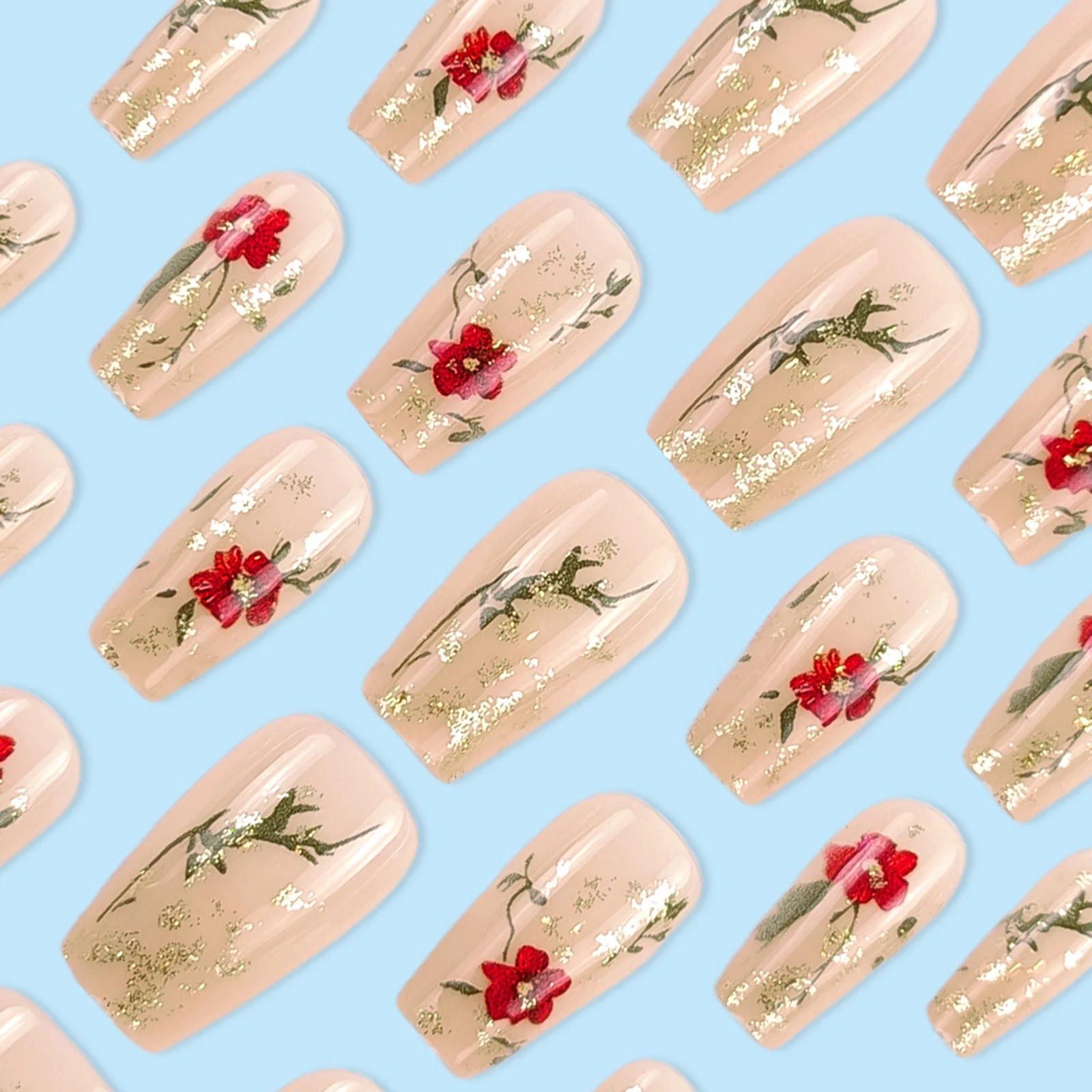 24pcs Spring White Flower Blue French Square Press On Nails