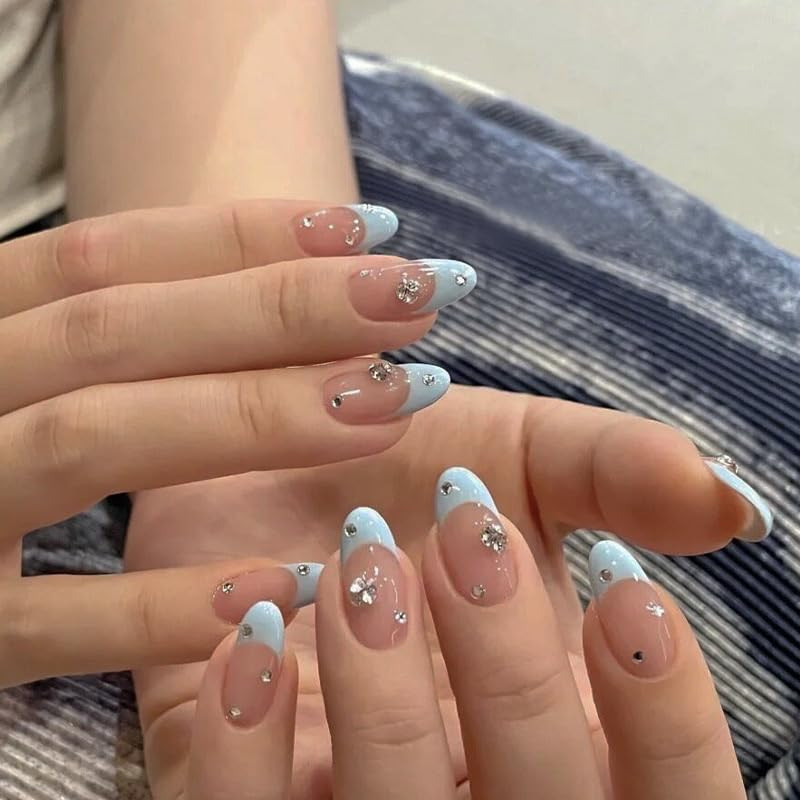Nude Press on Nails Short Almond Fake Nails Glossy Ombre Press Ons with Designs