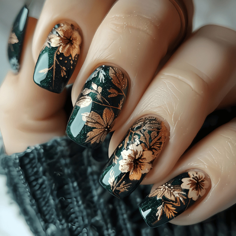 48P Long Coffin Press on Nails, Dark Green Gold Foil Floral Luxury Fake Nails