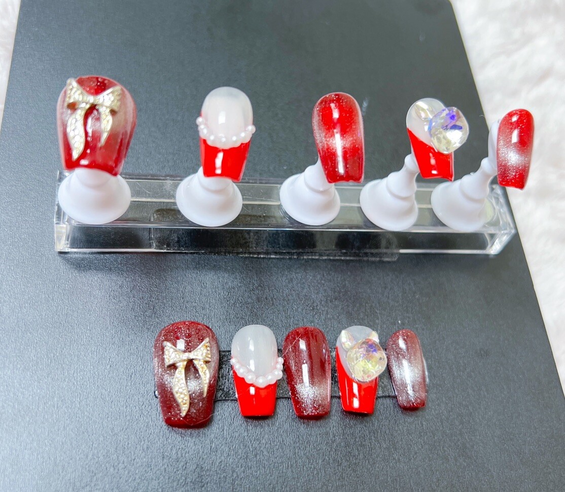 Nails Handmade press on nails 3D size M Bow Red