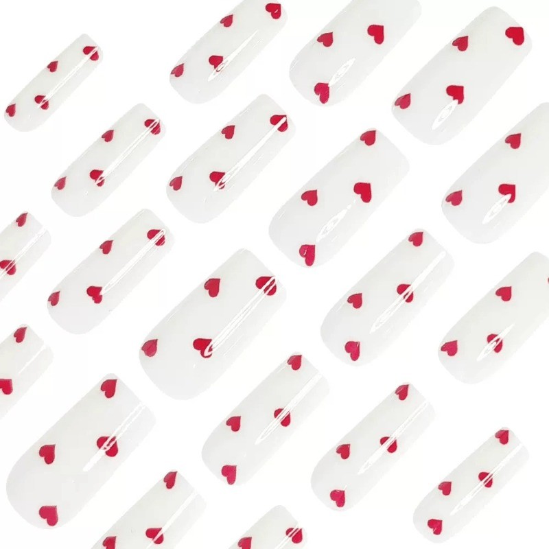 48 Cute Red Heart White Nails – Medium Square Length Removable Fake Nail Art