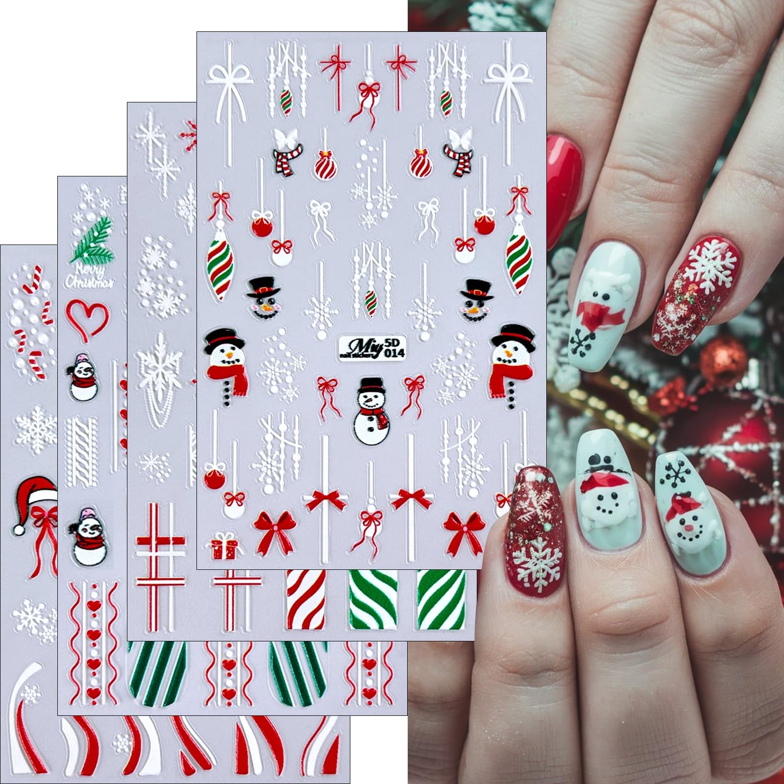 4Sheets Christmas Nail Art Stickers Hot White Lattice Santa Claus Nail Sticke…