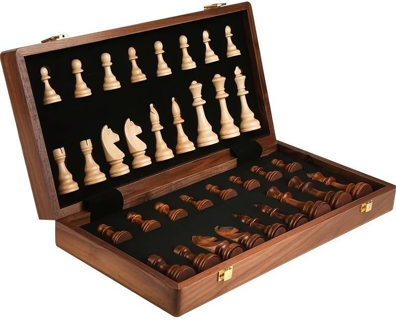 15″ Folding Walnut Chess Set with Storage 15 inches by 15 inches, Walnut/Tan