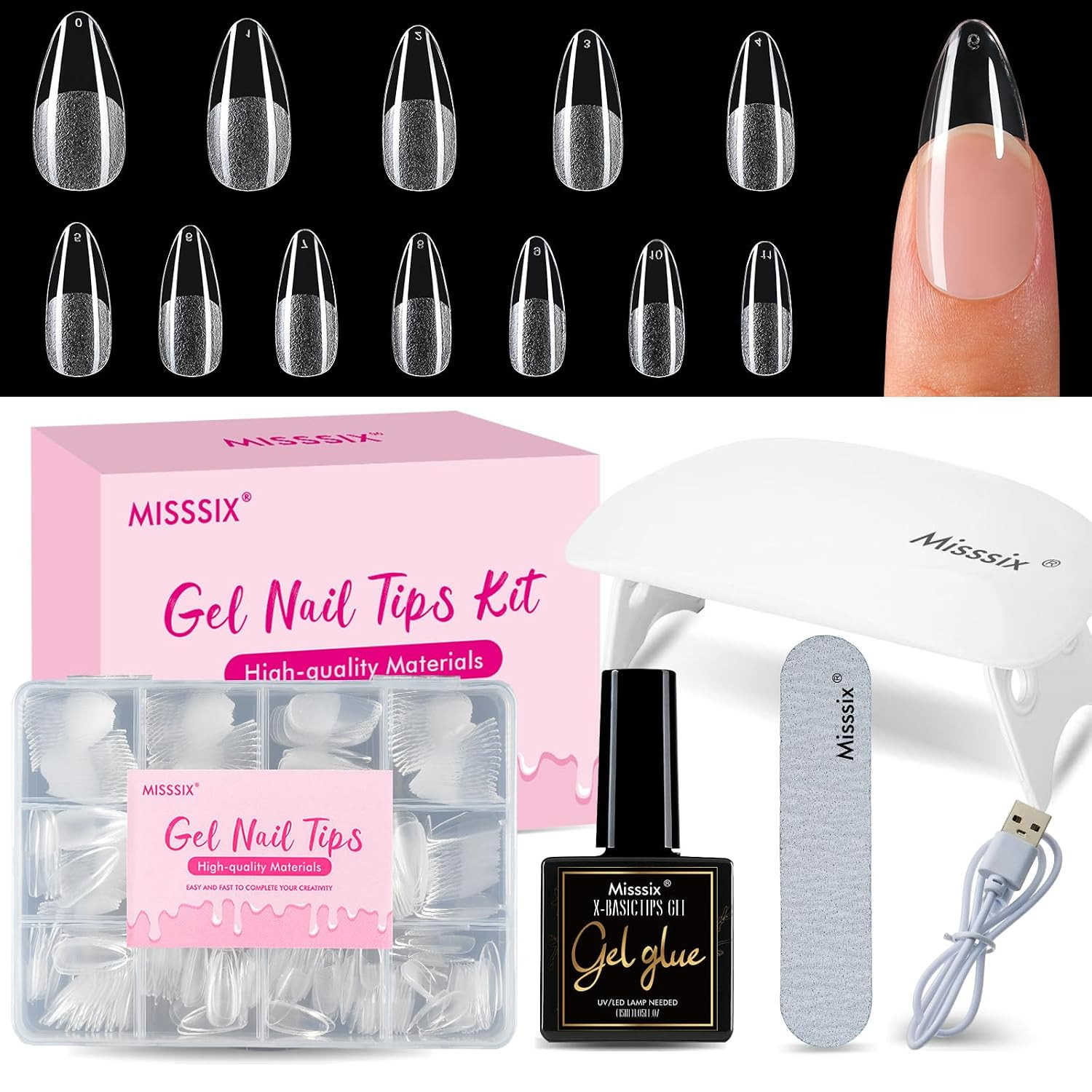 Medium Almond Gel Nail Tips Kit, 216Pcs Pre Etched Clear Fake Nails, Full Cover