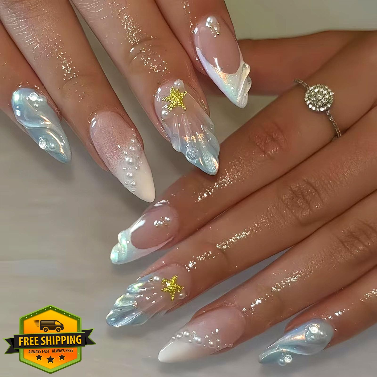 Xenophoer French Tip Almond Nails Pearls Gold Star designs-62316