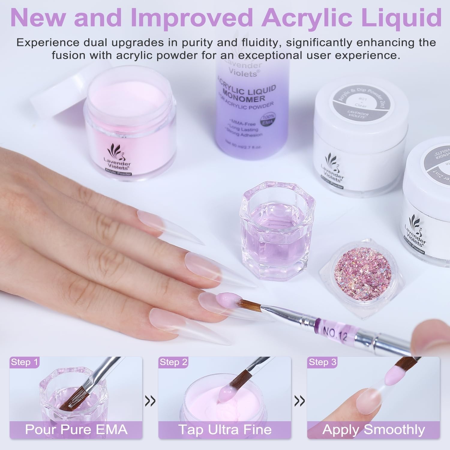 Acrylic Nail Kit – 30g x3 Clear, White, Pink Powder & 80ml Monomer Liquid Set