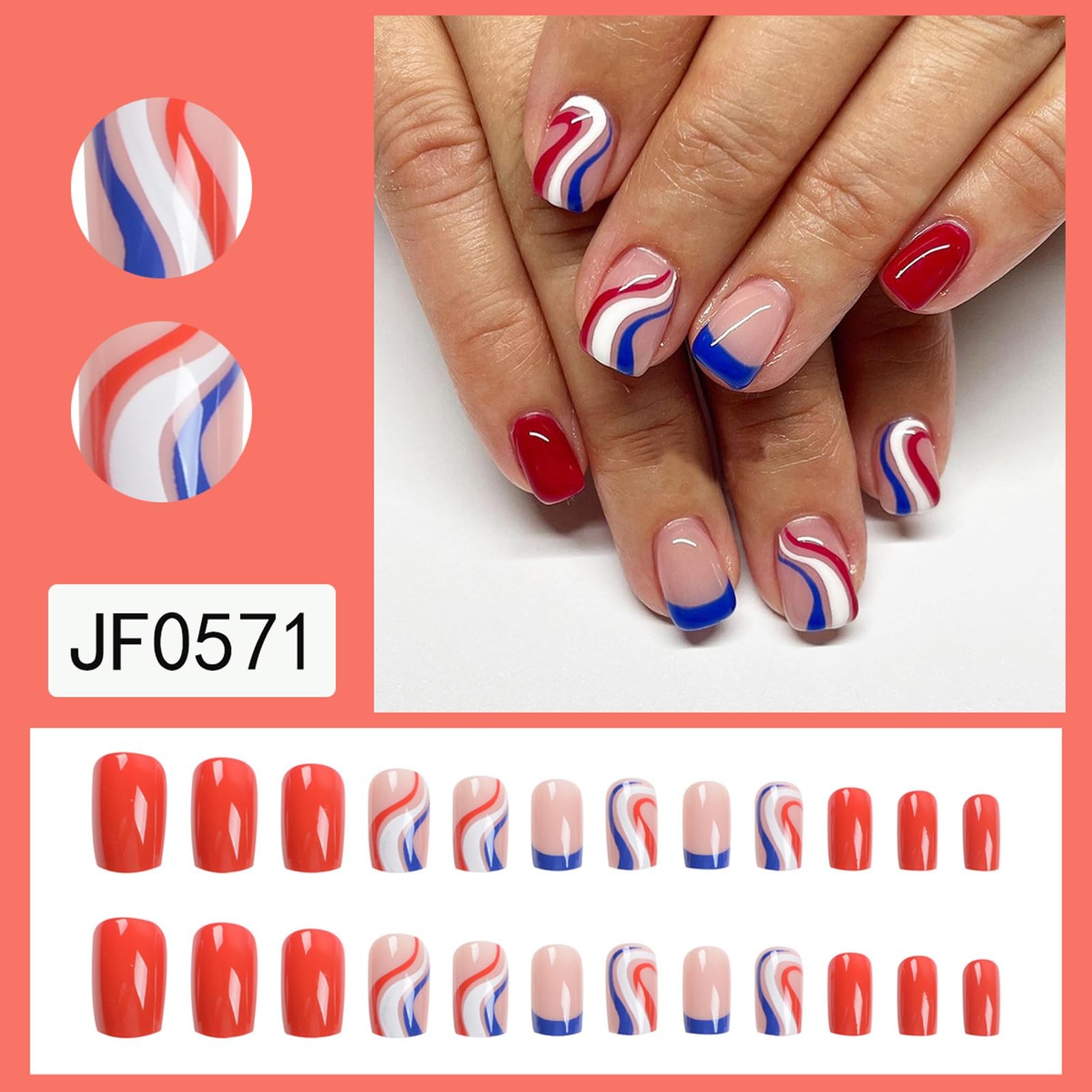 4th of July Press on Nails Short Square Fake Nails French Tip False Nails Red…