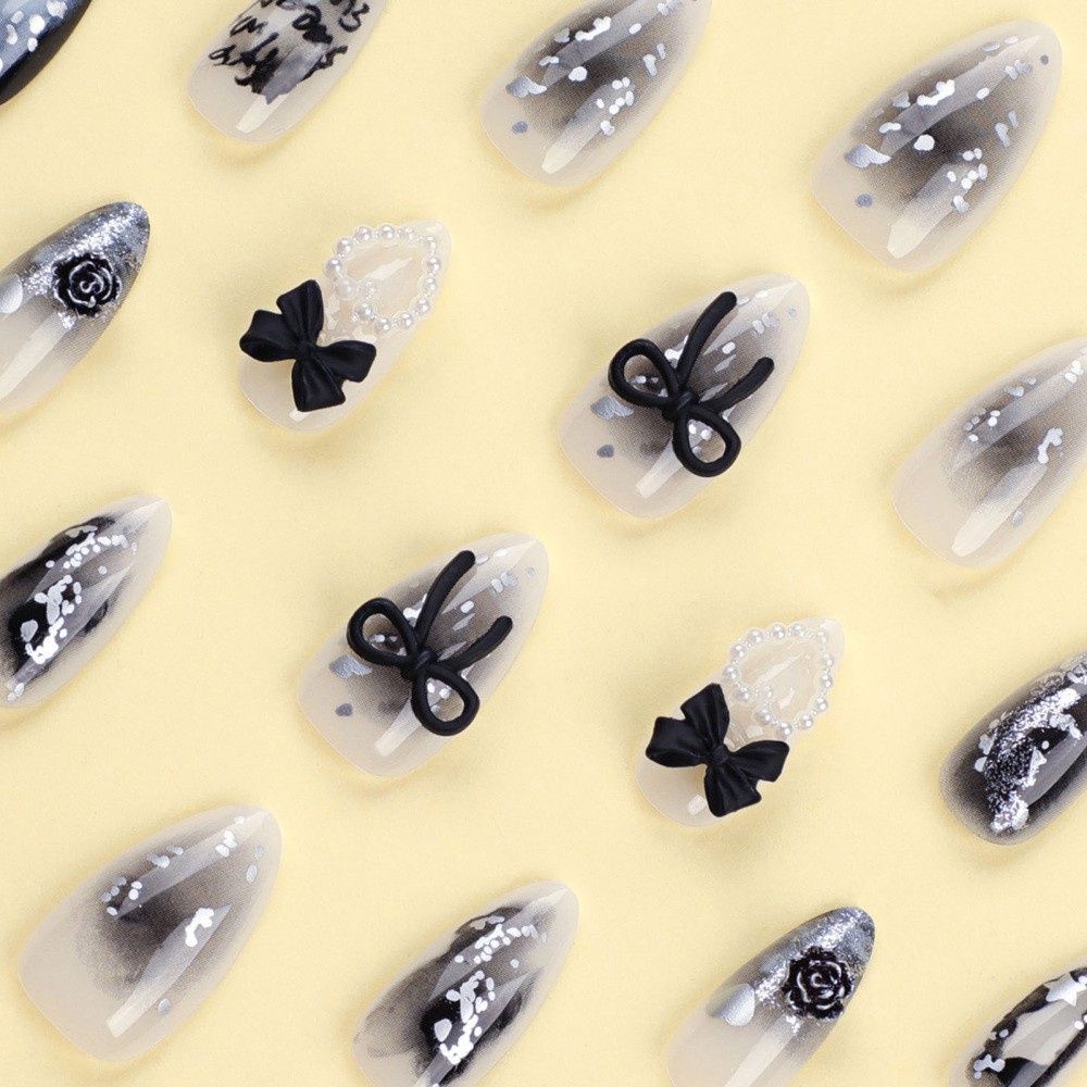 Nail Stickers Almond Shape Black 3D Bow with Pearl Heart Star Gradient Glitter