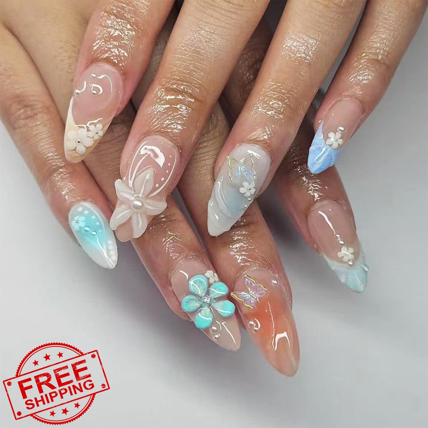 FDSQHSA Medium Almond Press On Nails Flower-17