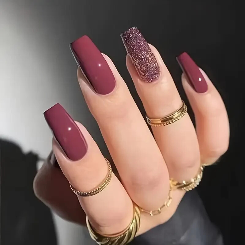 24pcs Glittering Burgundy Coffin Shaped Press-on Nails Set – Glossy, Middle
