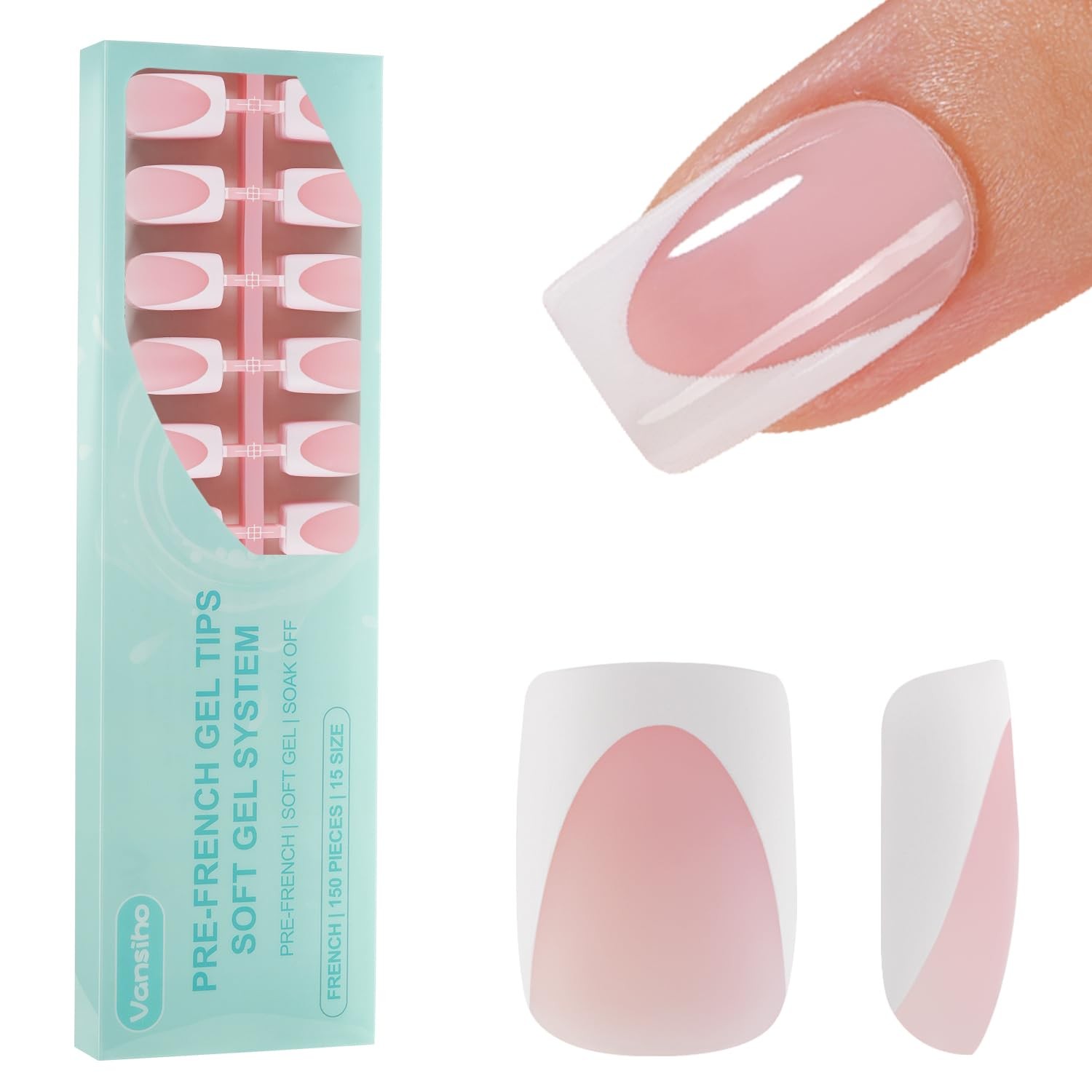 Vansiho 150Pcs Deep French Gel Fake Nails, Pink Short Square,