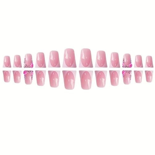 Press on Nails Duck Shaped Glossy Full White French and Pink Floral Rhinestone