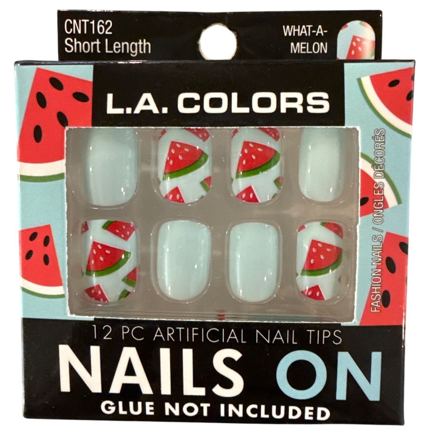 L.A. Colors NAILS ON 12 Nails WHAT-A-MELON Short Square Glossy White WATERMELON