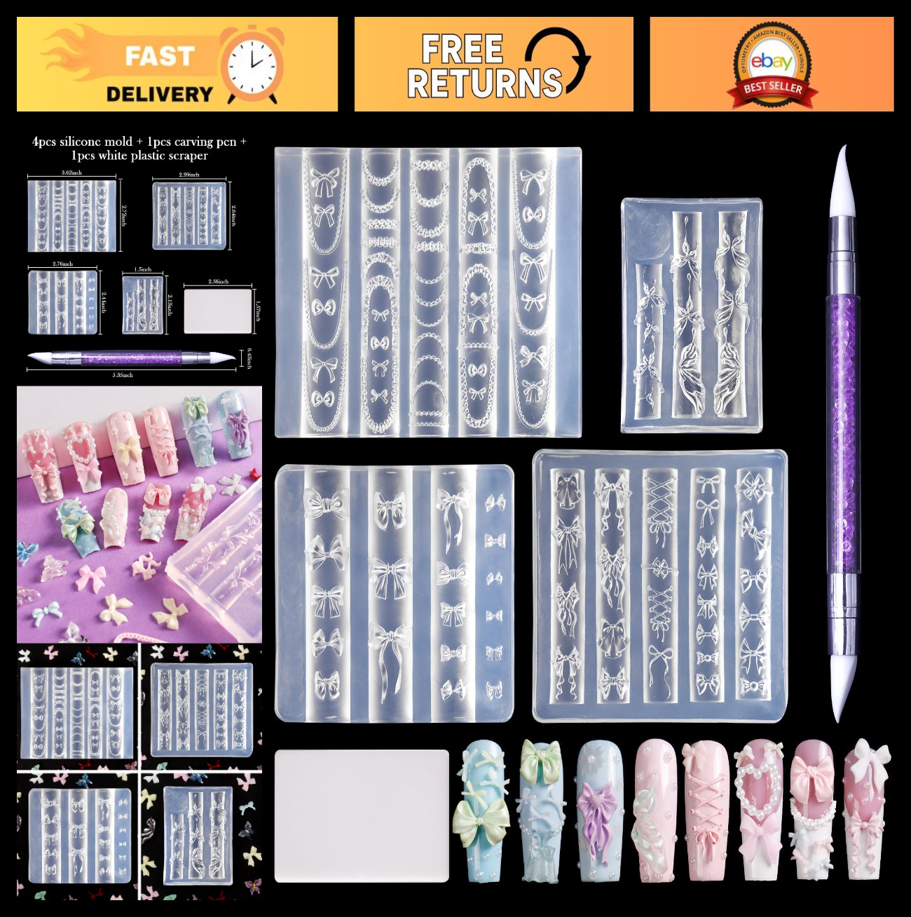 4pcs 3D Bowknot Silicone Nail Art Molds – Reusable Ribbon Bow Shapes, Gel Nail T