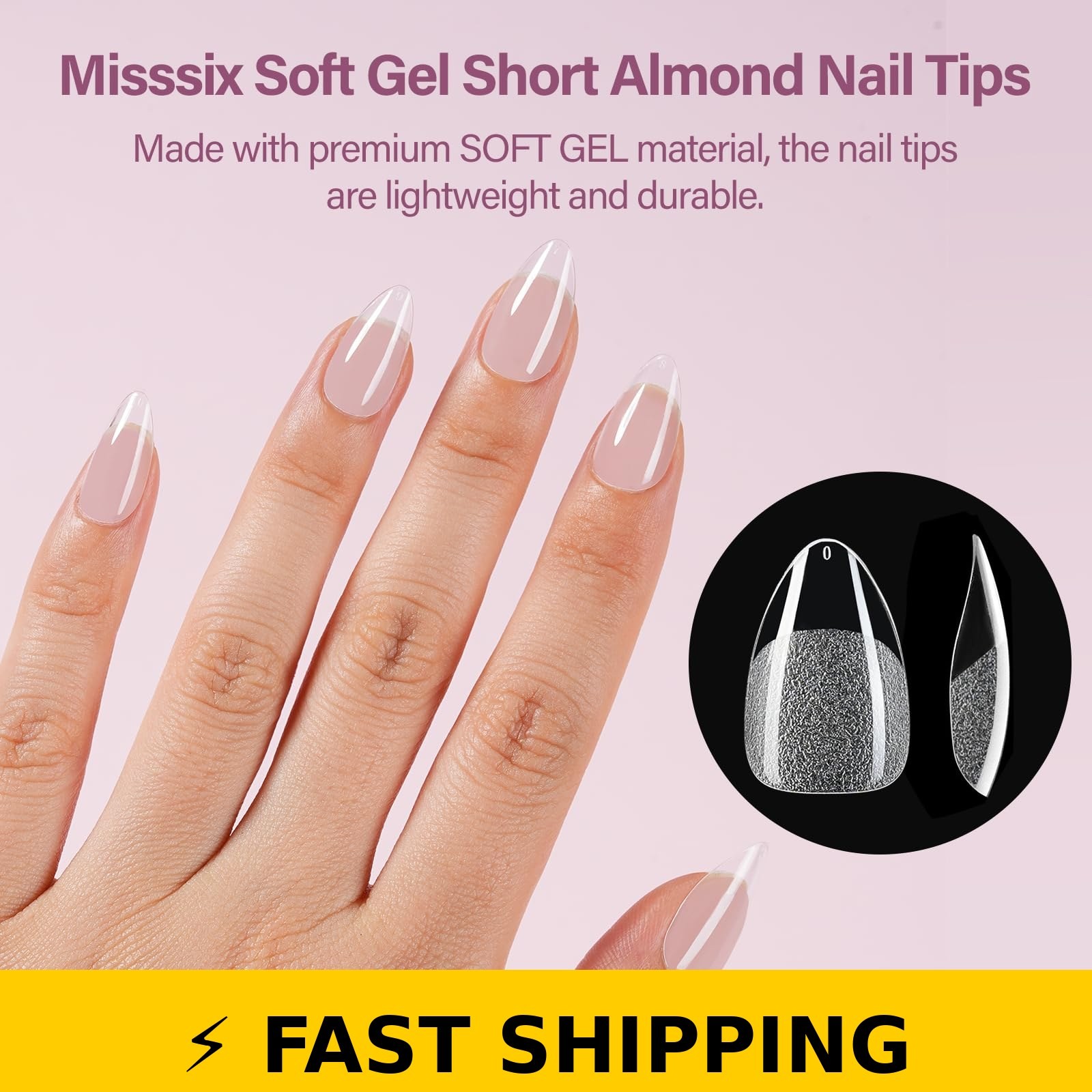 Misssix Short Almond Gel Nail Tips Kit – 216Pcs with UV Lamp