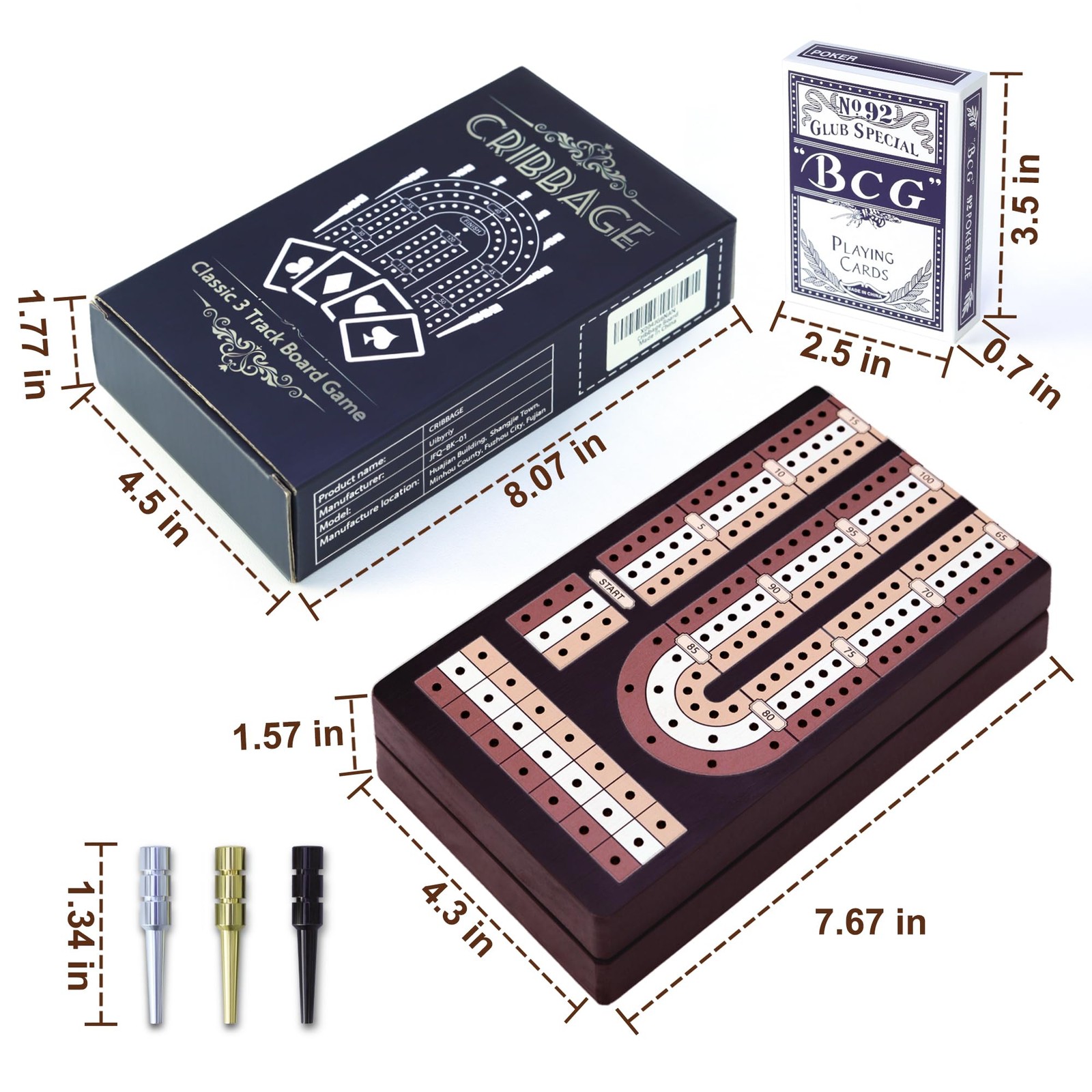 Cribbage Board Game Set – Wooden Foldable 3-Track 4.3 x 7.67 inches