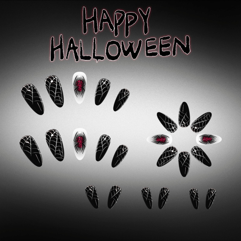 48Pcs-Long Almond Halloween Black White Red Glitter Spider Web Press on Nails