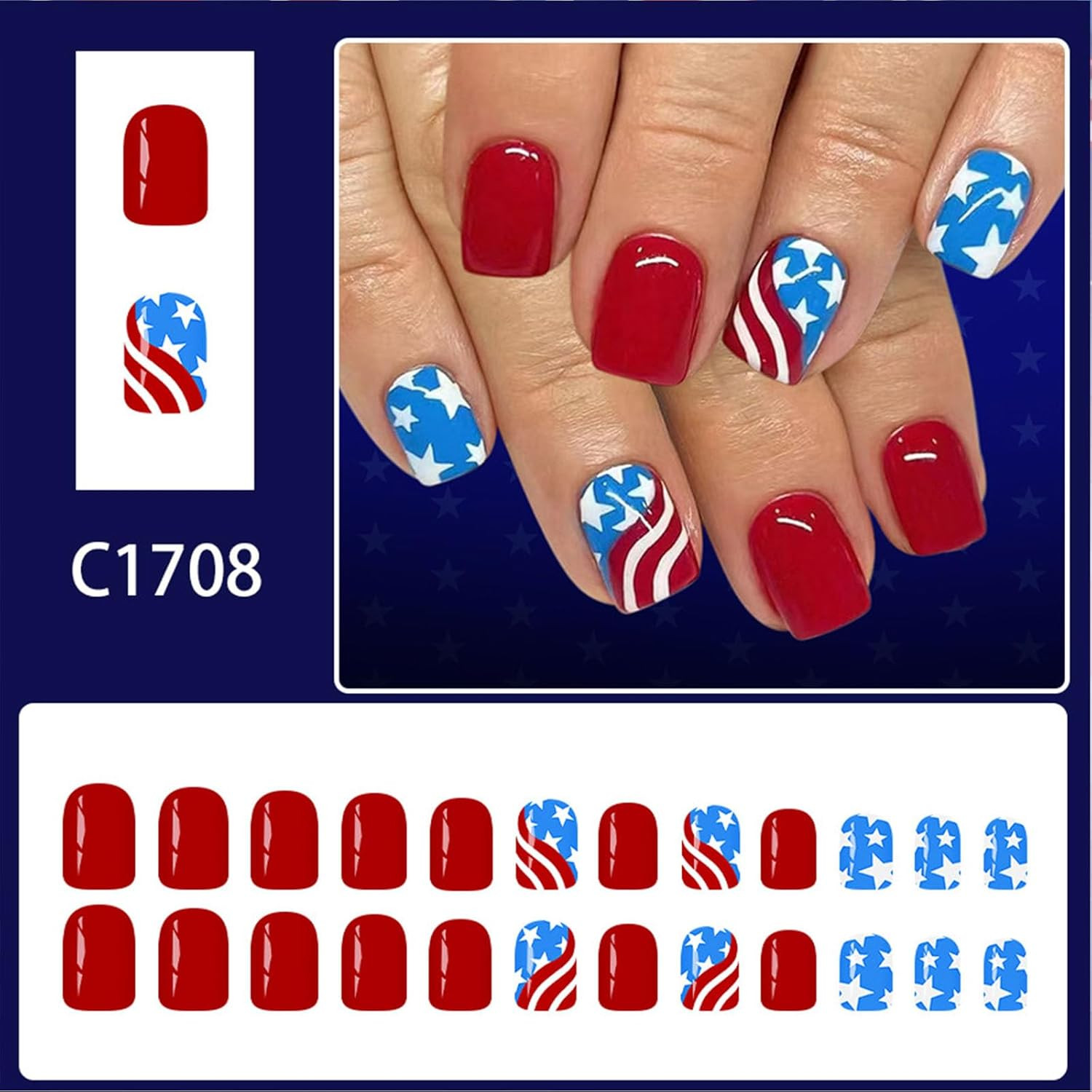 4Th of July Press on Nails Short Square Fourth of July Fake Nails with Stars Red