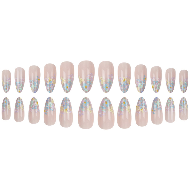 48pcs Short Oval Press on Nails, Clear Nude Macaron Floral Fresh Daily Nails