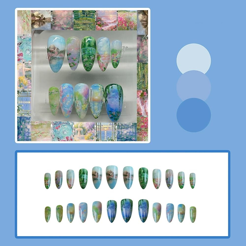 Painting Style Press on Nails Almond Fake Nails Medium False Nails with Flowe…