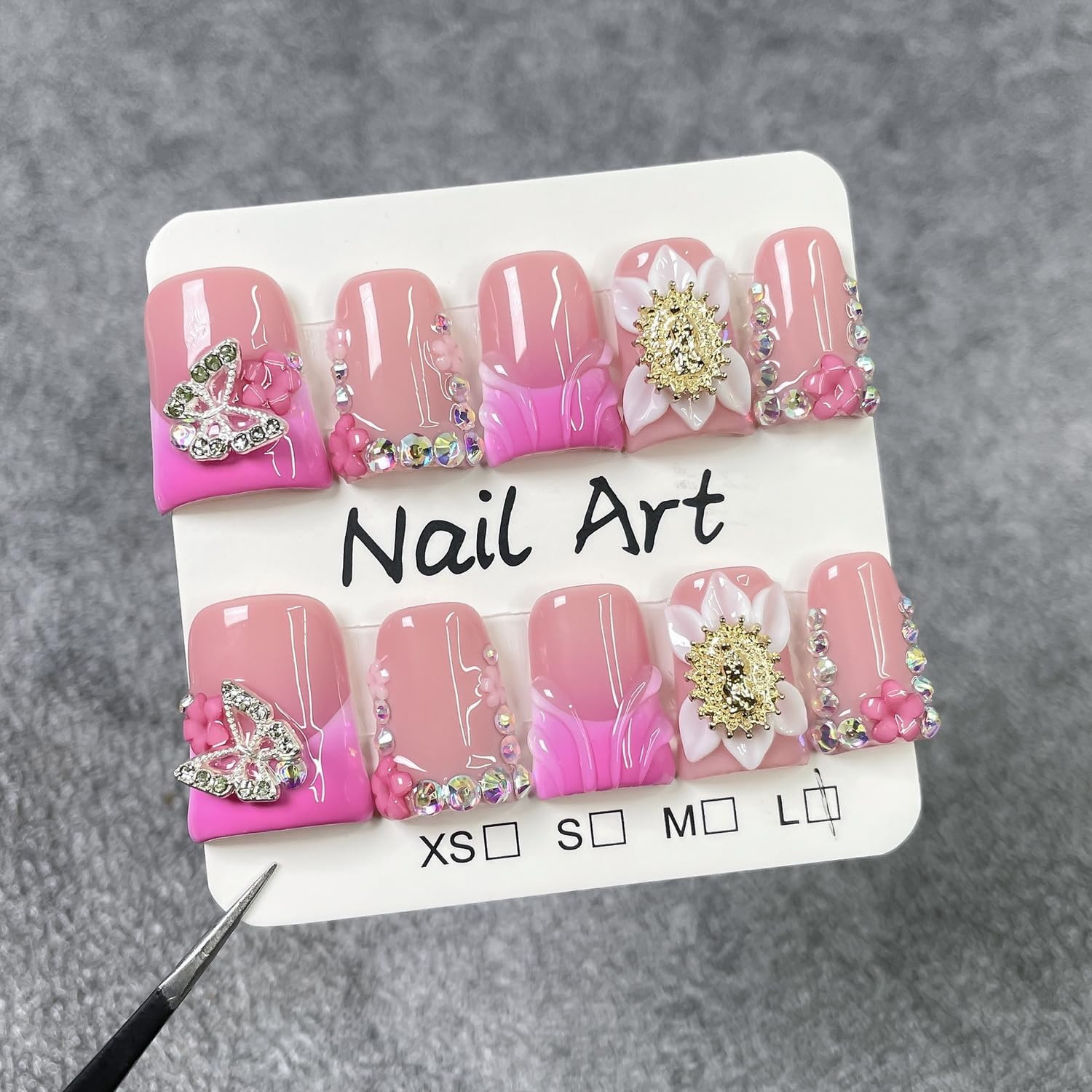 Luxury Handmade Press on Nails 3D Unique Flower Fake Nails Pink French Tip False