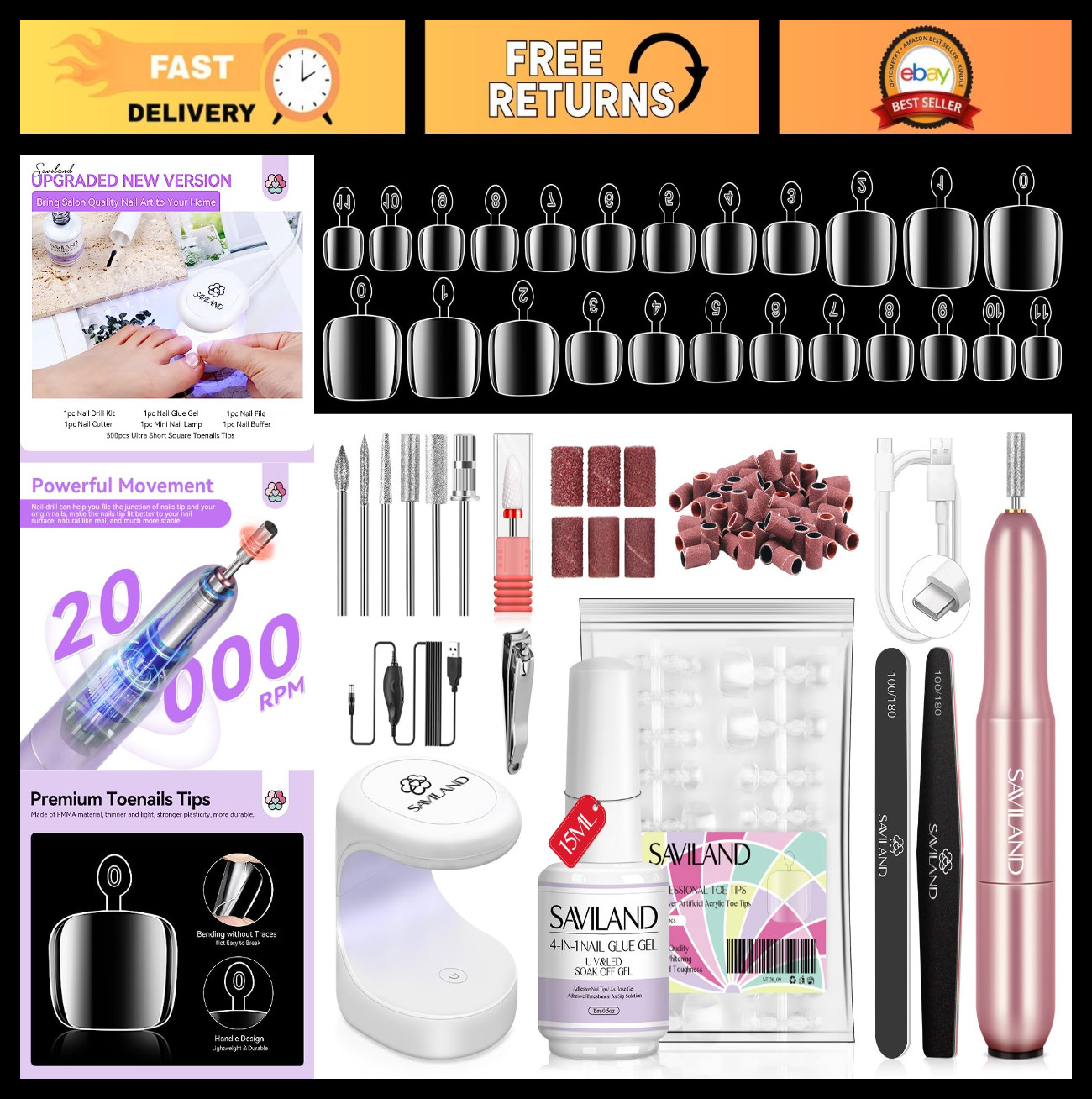 Toe Nail Tips & Glue Gel Kit – 500 Pcs Press-On Toenails, Nail Drill & Lamp Set