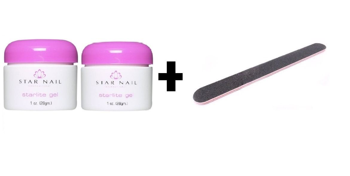 2 Star Nail Starlite UV Gel 1 OZ WHITE, THICK CLEAR, PINK, CLEAR + FREE File